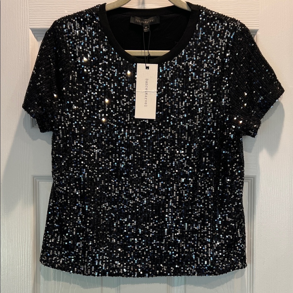 Dance & Marvel Black Sequin Short Sleeve Top Medium